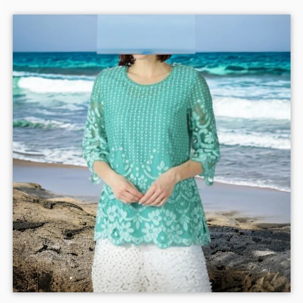 Isaac Mizrahi Live! Green Crochet Lace Overlay Tunic Top Sz Lg beautifu… - Picture 5 of 11